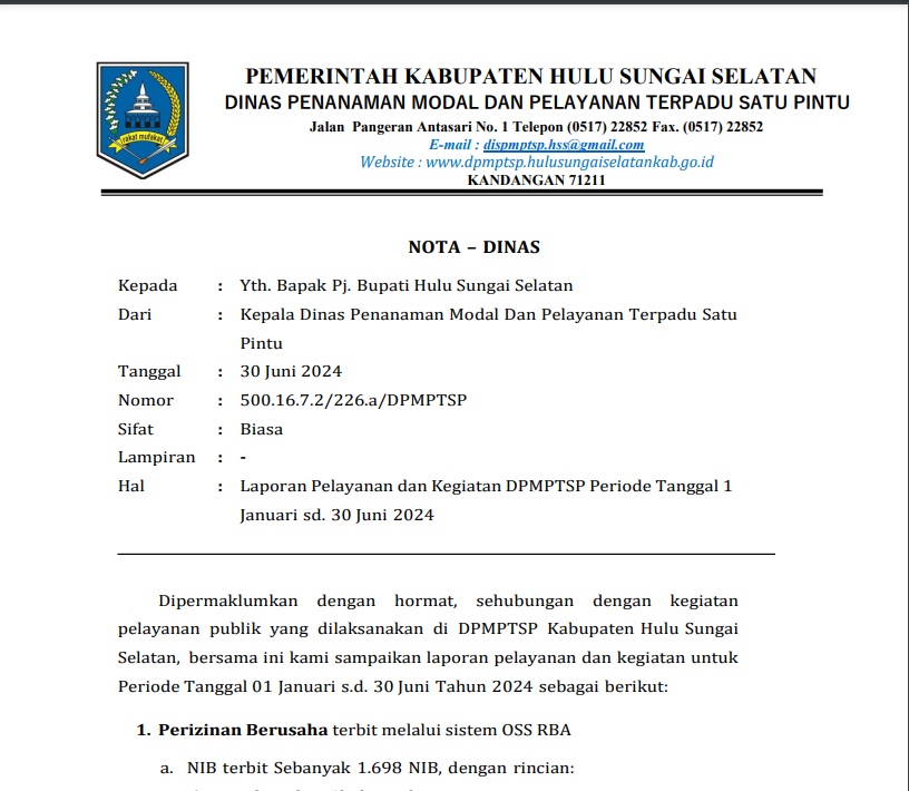 LAPORAN IZIN TERBIT DINAS PMPTSP SEMESTER I TAHUN 2024