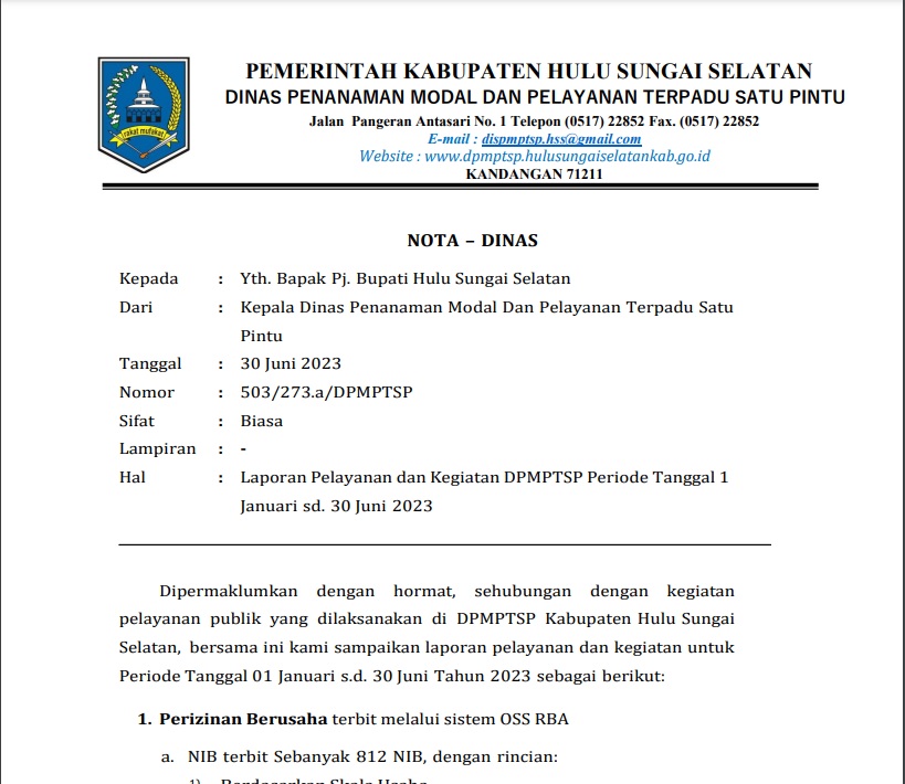 LAPORAN IZIN TERBIT DINAS PMPTSP SEMESTER I TAHUN 2023