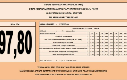 Survey Kepuasan Masyarakat pada Dinas Penanaman Modal dan Pelayanan Terpadu Satu Pintu Kabupaten Hulu Sungai Selatan bulan Januari 2026
