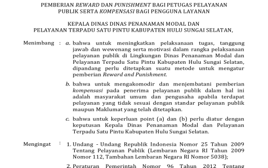 PEMBERIAN REWARD DAN PUNISHMENT BAGI PETUGAS PELAYANAN PUBLIK SERTA KOMPENSASI BAGI PENGGUNA LAYANAN