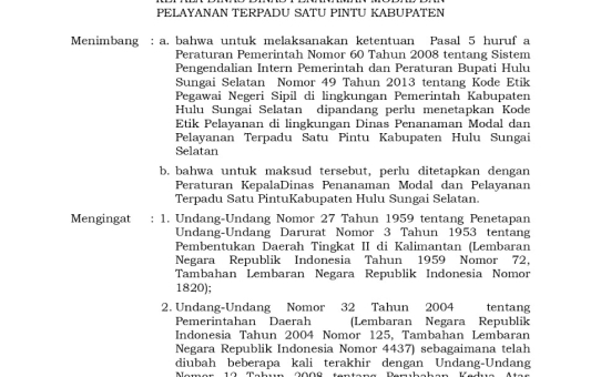KODE ETIK PELAYANAN DINAS PMPTSP KABUPATEN HULU SUNGAI SELATAN