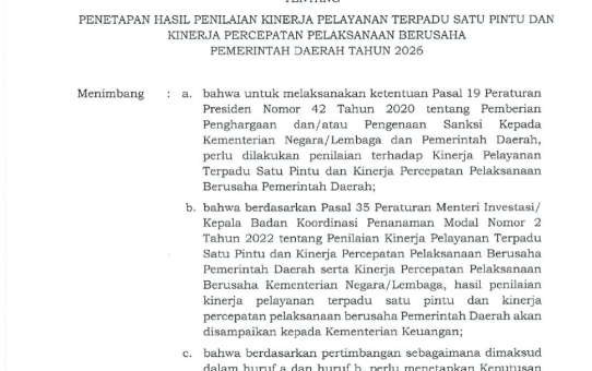 Dinas Penanaman Modal dan Pelayanan Terpadu Satu Pintu (DPMPTSP) Kabupaten Hulu Sungai Selatan berhasil meraih kategori “Sangat Baik” pada Penilaian Kinerja Pelayanan Terpadu Satu Pintu (PTSP) dan Kinerja Percepatan Pelaksanaan Berusaha (PPB) Tahun 2026.