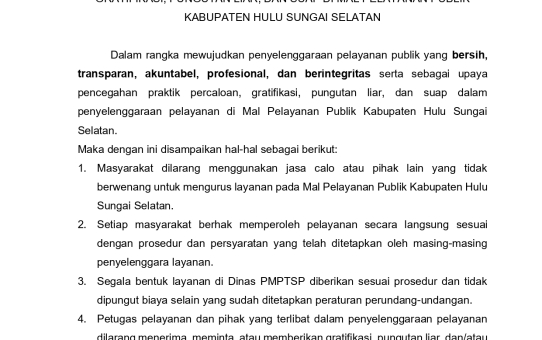 SURAT EDARAN TENTANG LARANGAN PENGURUSAN LAYANAN MELALUI CALO SERTA LARANGAN GRATIFIKASI, PUNGUTAN LIAR, DAN SUAP DI MAL PELAYANAN PUBLIK KABUPATEN HULU SUNGAI SELATAN