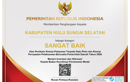 KABUPATEN HULU SUNGAI SELATAN MERAIH KATEGORI SANGAT BAIK ATAS PENILAIAN KINERJA PELAYANAN TERPADU SATU PINTU DAN KINERJA PERCEPATAN PELAKSANAAN BERUSAHA PEMERINTAH DAERAH TAHUN 2026