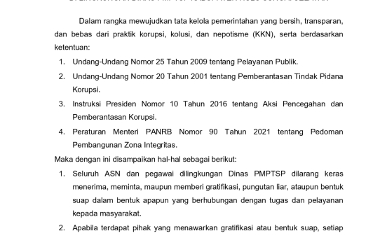 SURAT EDARAN TENTANG LARANGAN GRATIFIKASI, PUNGUTAN LIAR, DAN SUAP DI LINGKUNGAN DINAS PMPTSP KABUPATEN HULU SUNGAI SELATAN
